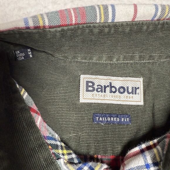 Barbour Mens Tailored Fit Flannel Size M Tartan White Red Plaid Corduroy Collar - Picture 2 of 6